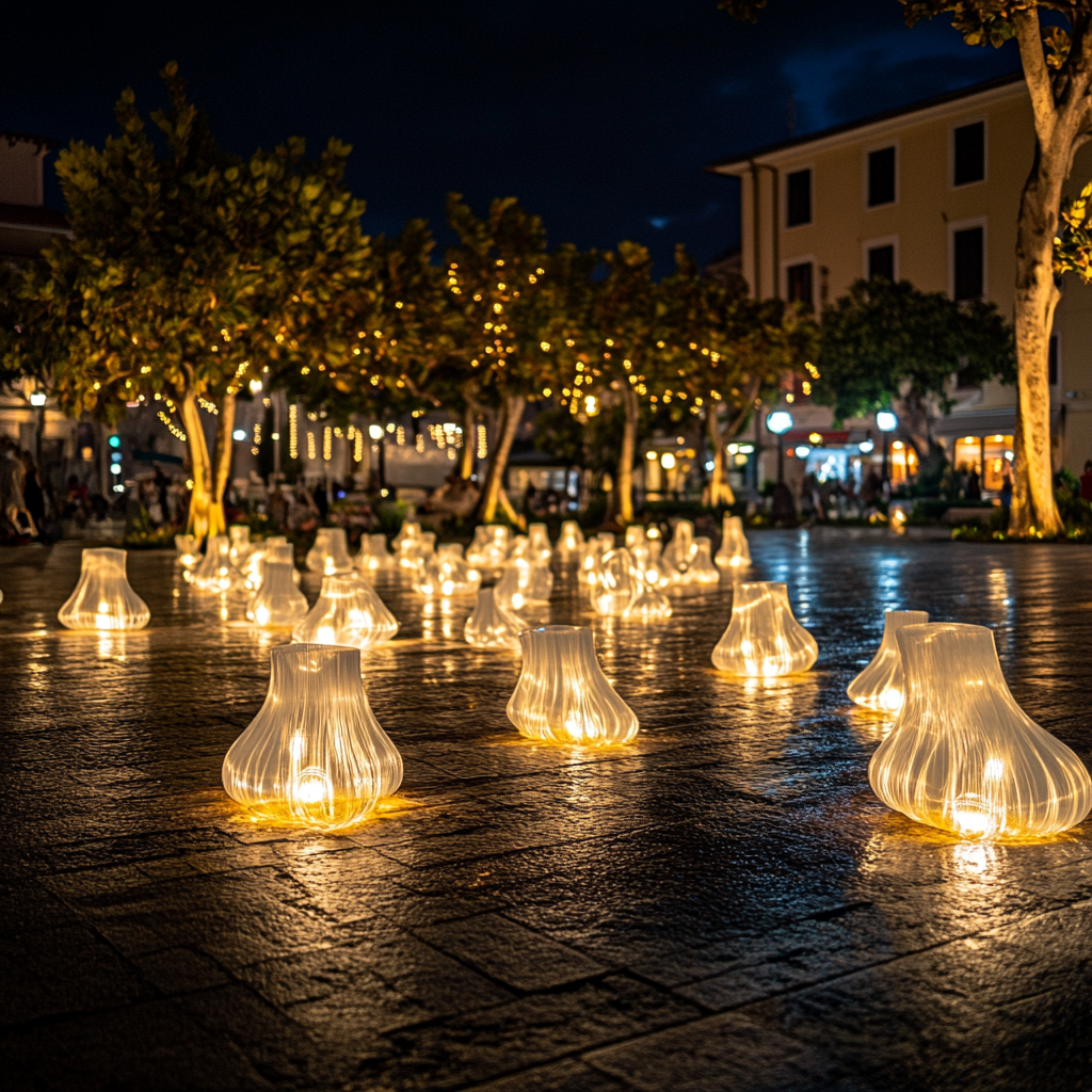 Night Square in Riccione with School of Lantern Fish 