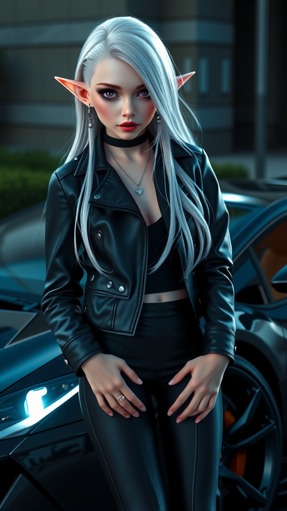 Night elf girl with white hair near Lamborghini car.