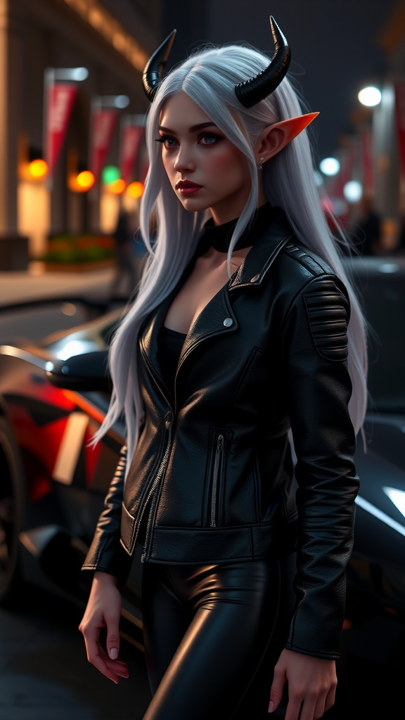 Night elf girl with white hair near car