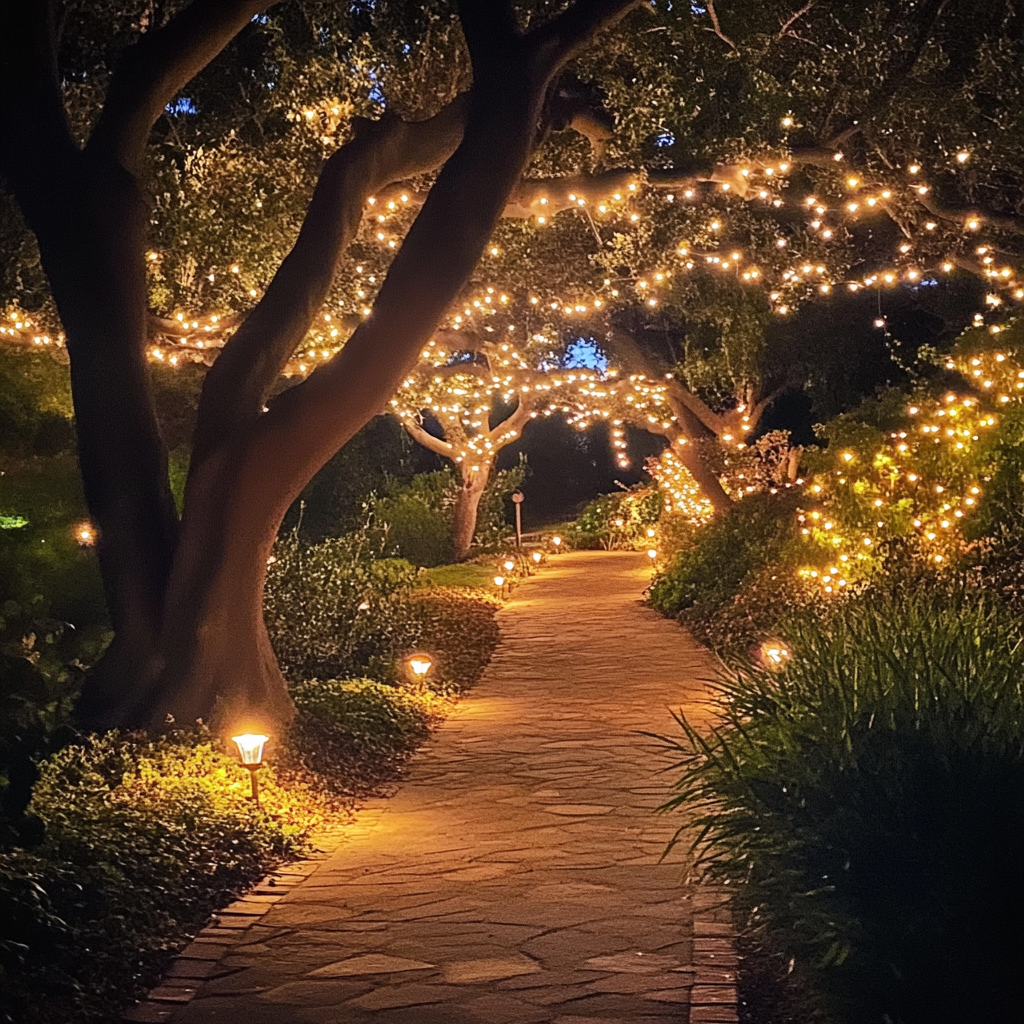 Night garden with warm illuminated pathways, fairy lights, cozy.