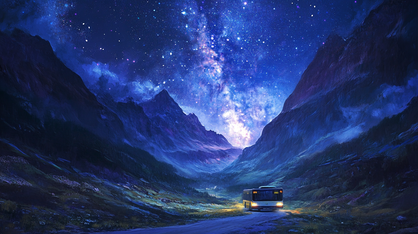 Night painting of mountain valley with Milky way sky.