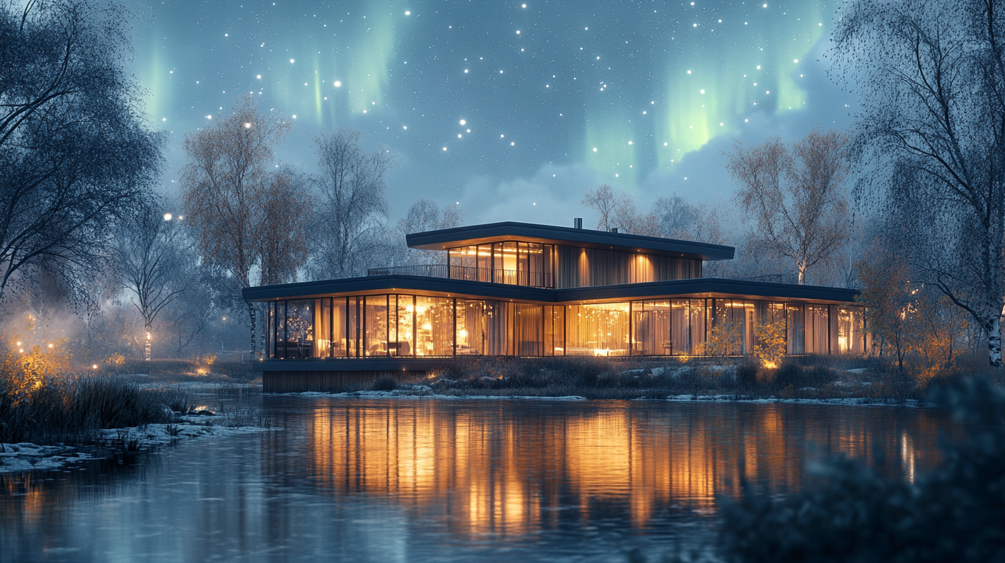 Night sky over eco-resort with Northern Lights