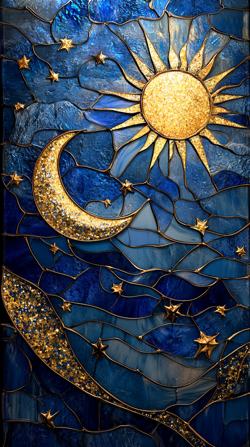 Night sky stained glass style with bold lines, shine.