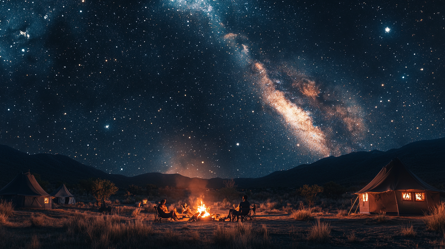 Night sky with stars, star signs, village with campfire.