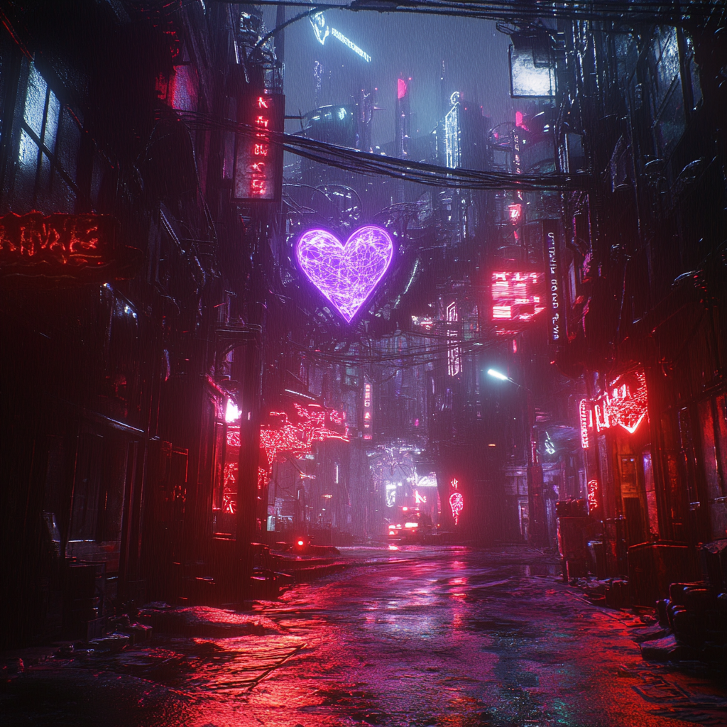 Nighttime Cyberfuturistic City with Broken Heart Theme