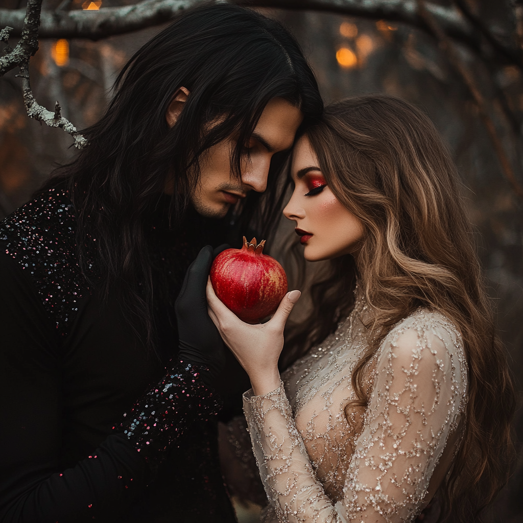 Nighttime couple in dark clothes with fruit in woods.