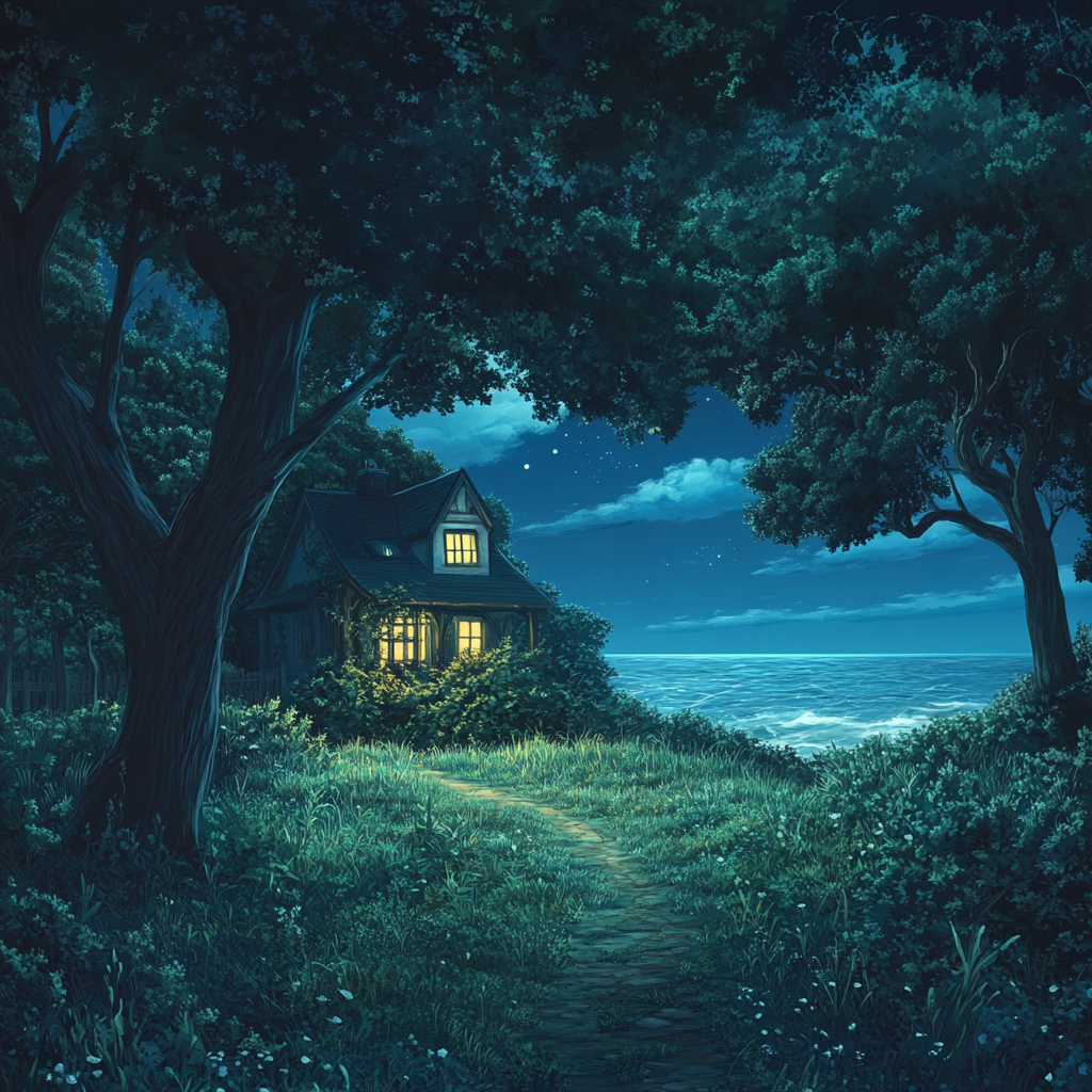 Nighttime ethereal house surrounded by trees, ocean view.