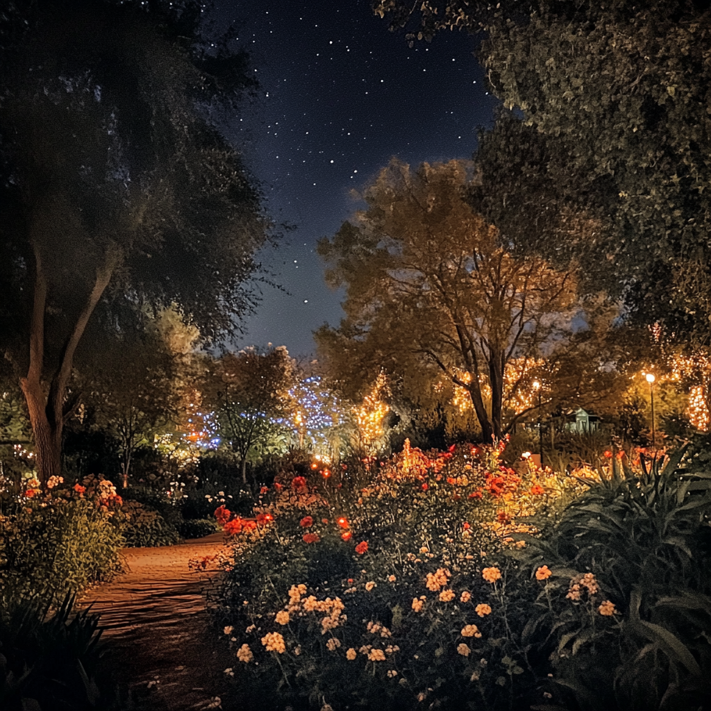 Nighttime garden with warm lights, iphone 15 pro.