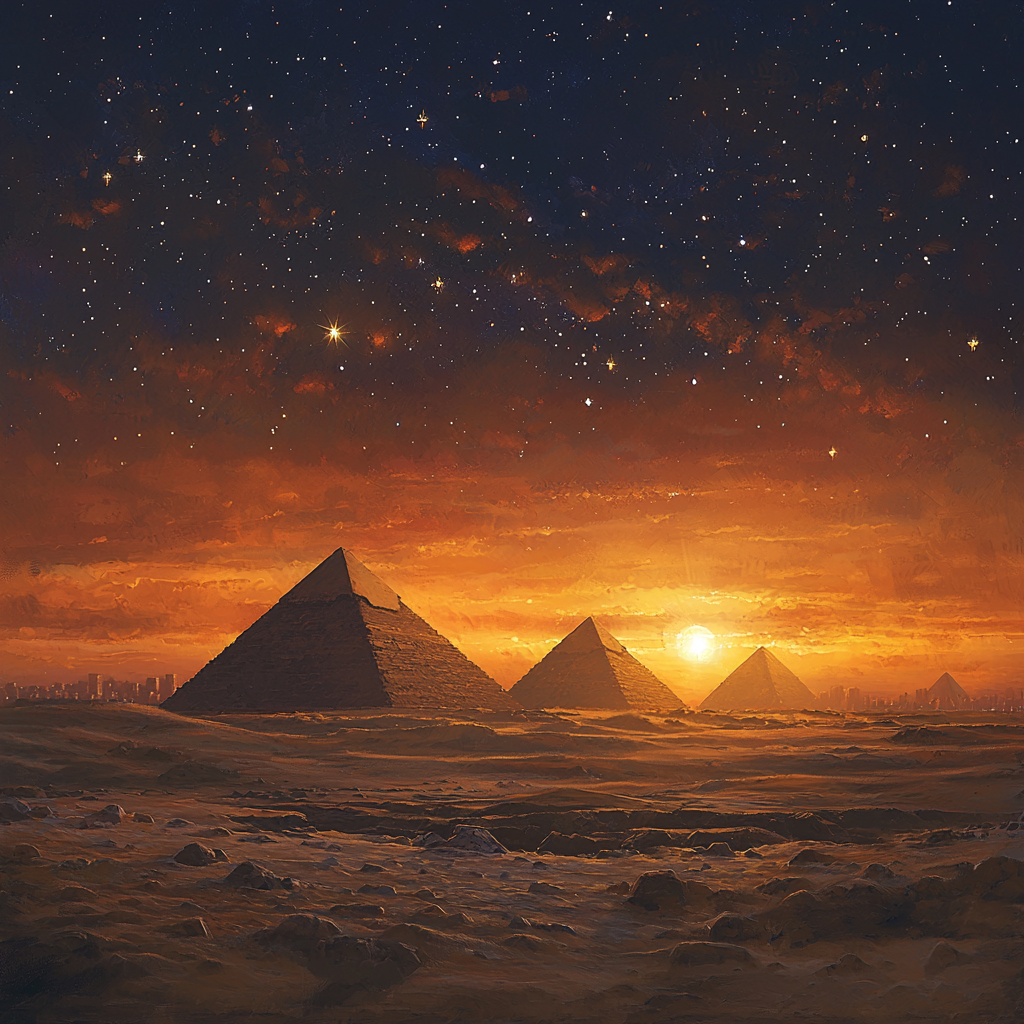 Nighttime in Egypt with Pyramids and Stars