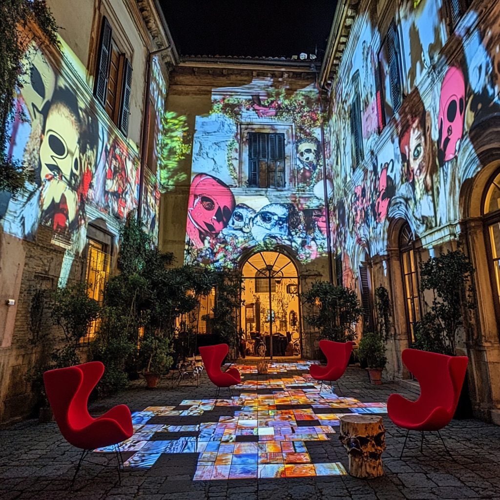 Nighttime party in Italy at Renaissance courtyard