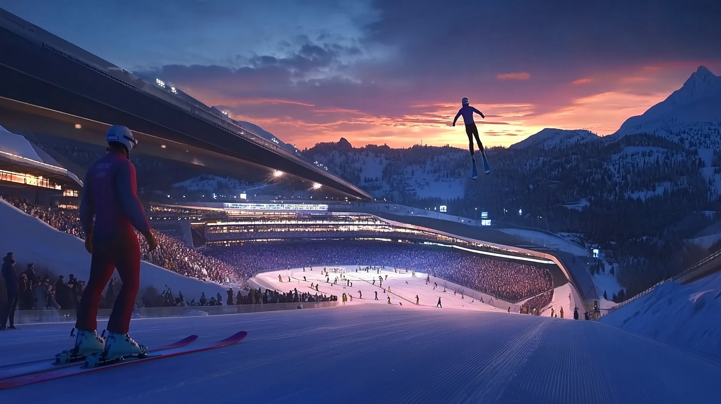 Nighttime ski jump competition with V-style form