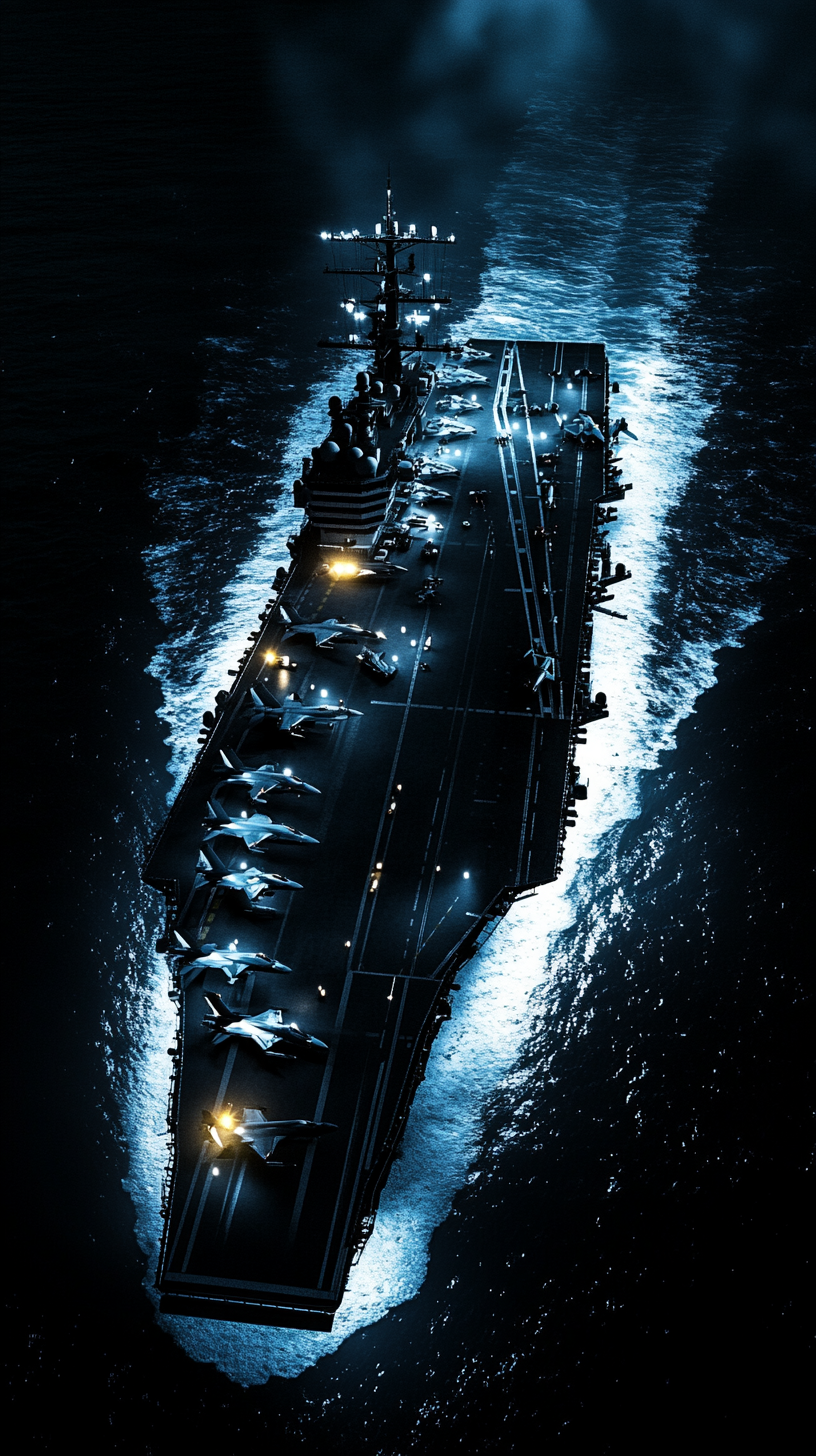 Nighttime view of USS Dwight D. Eisenhower with lights.