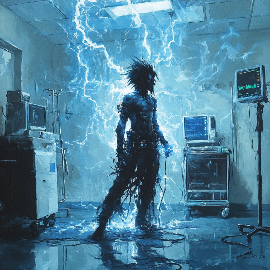 Nikki Sixx posing victoriously in electric hospital setting.