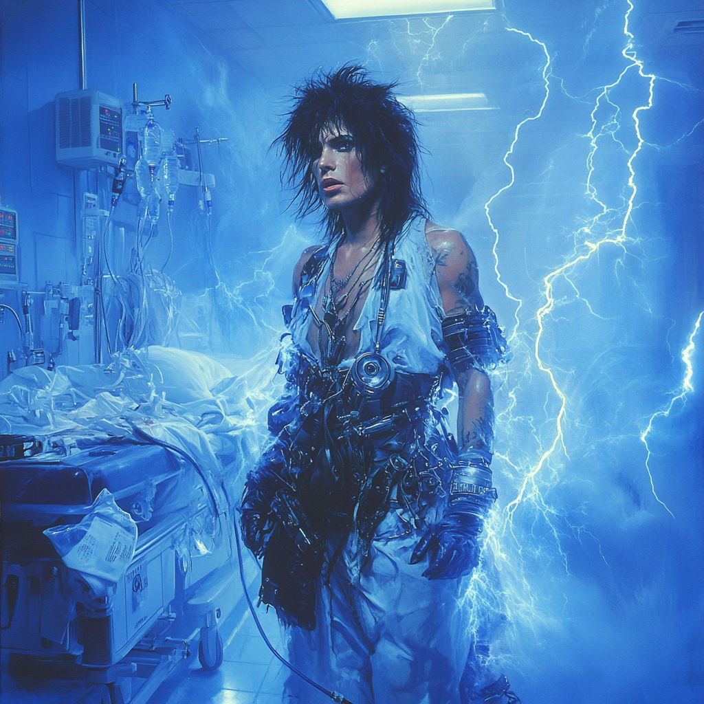 Nikki Sixx victorious in hospital ER with blue lightning.