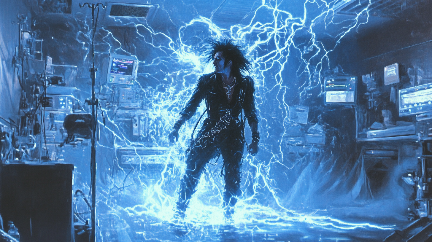 Nikki Sixx victorious in hospital surrounded by blue lightning.