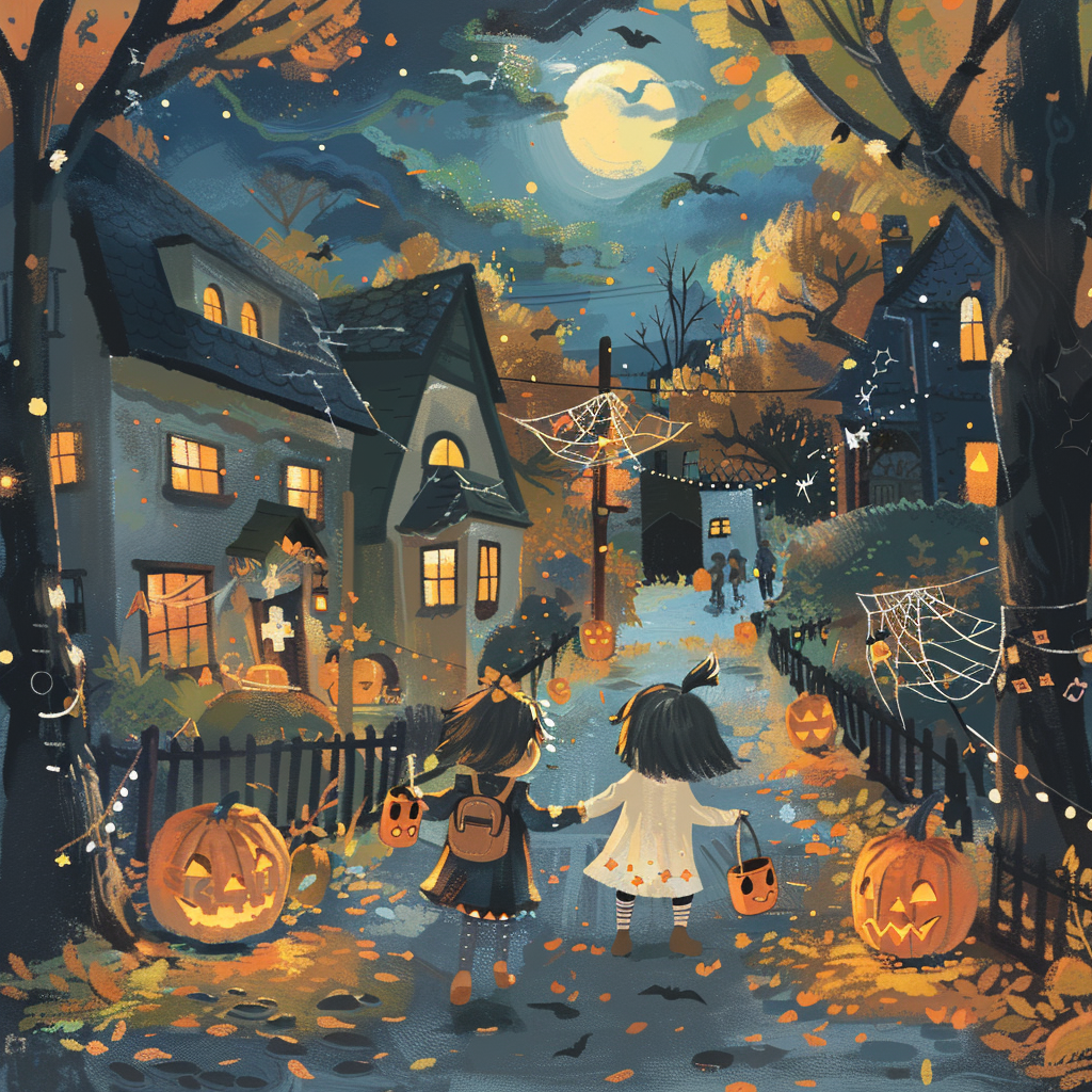 Nina and Maya excitedly explore Halloween-decorated neighborhood