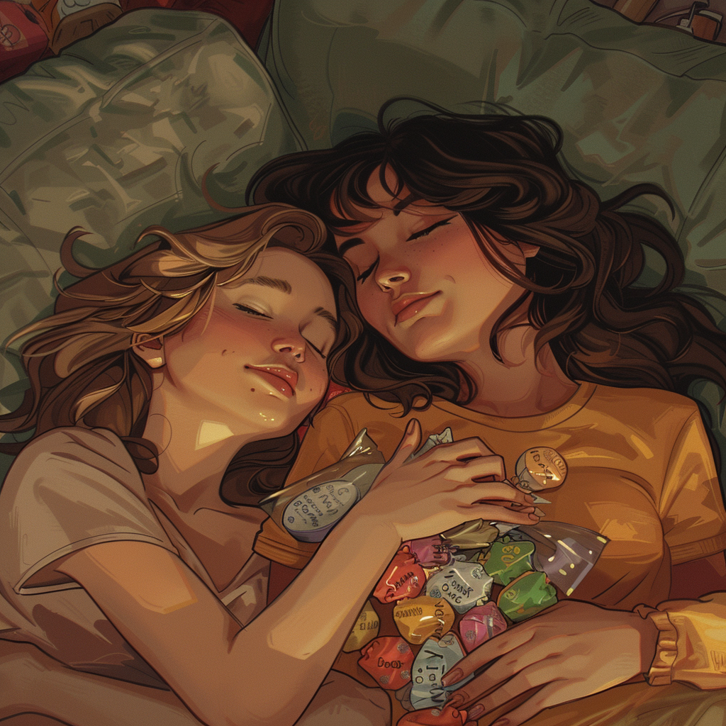 Nina and Maya sleep on couch with candy