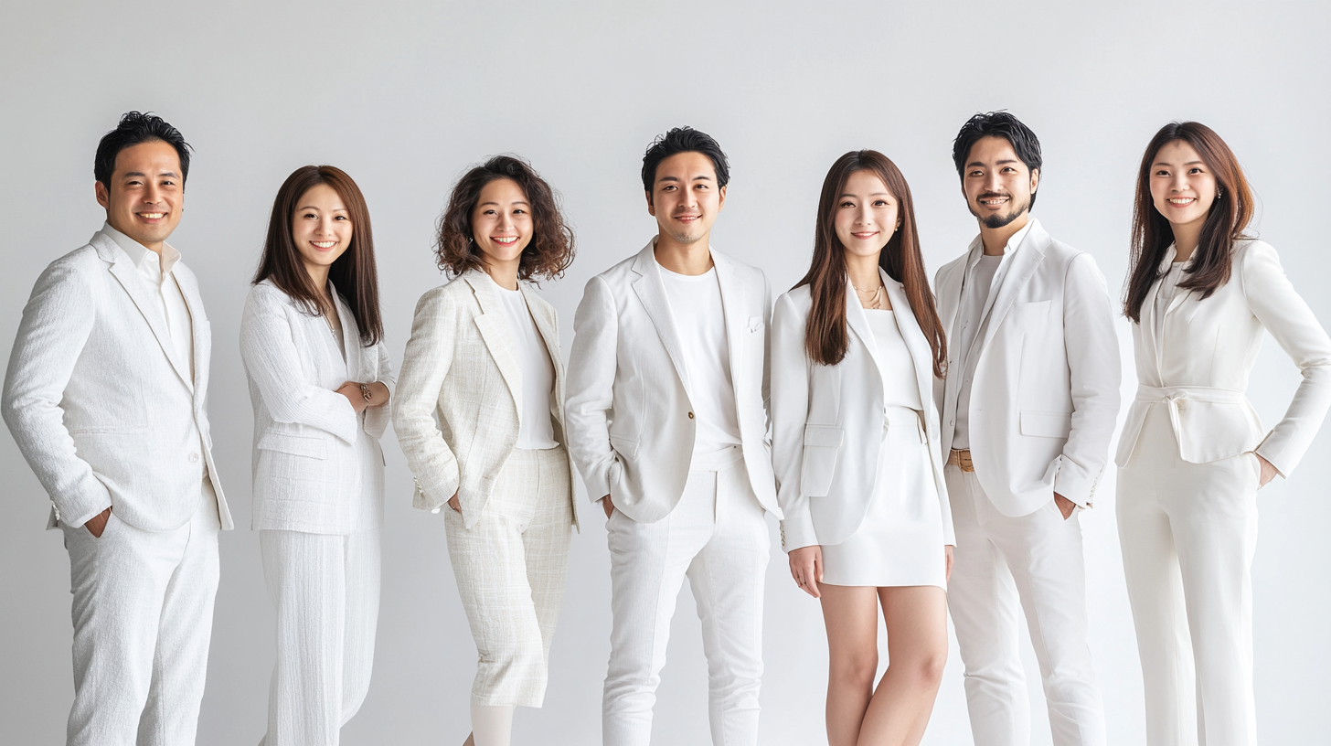 Nine Japanese professionals in sharp white suits and dresses.