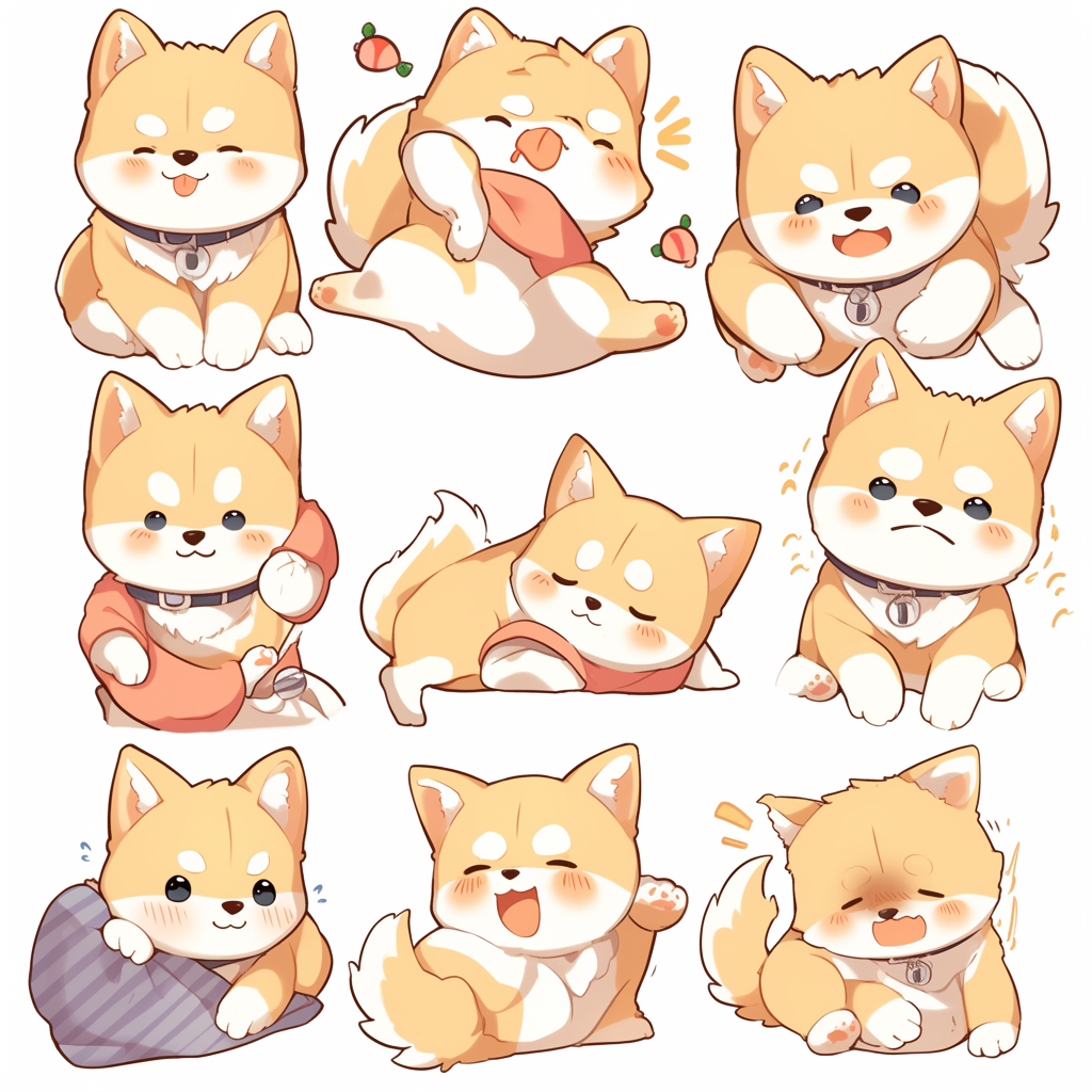 Nine cute shiba inu in different poses.