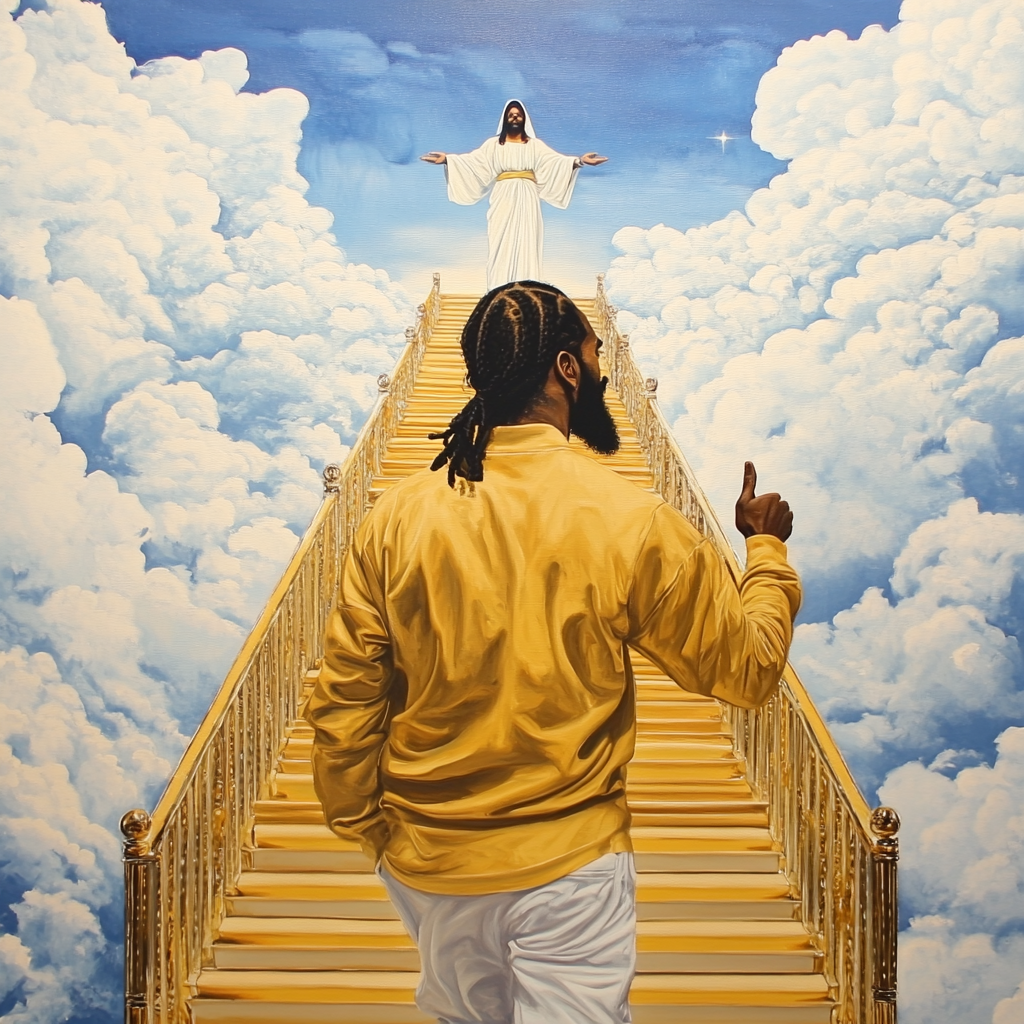 Nipsey Hussle in oil painting with Jesus welcome.