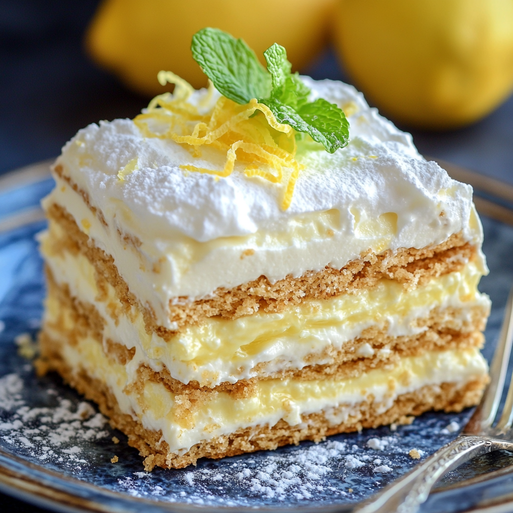 No-Bake Lemon Eclair Cake with creamy lemon filling.