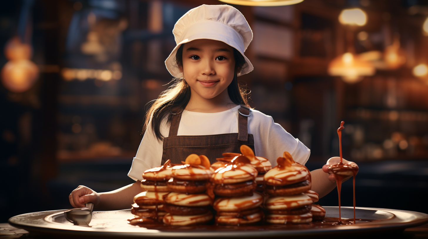 Little girl serving saucy pancakes