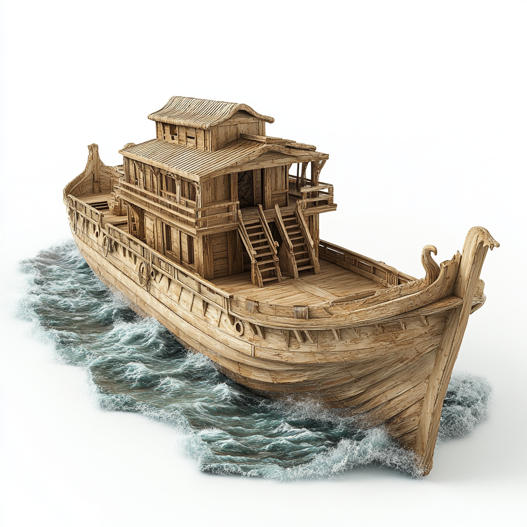 Noah's rectangular ark in turbulent water with cabin