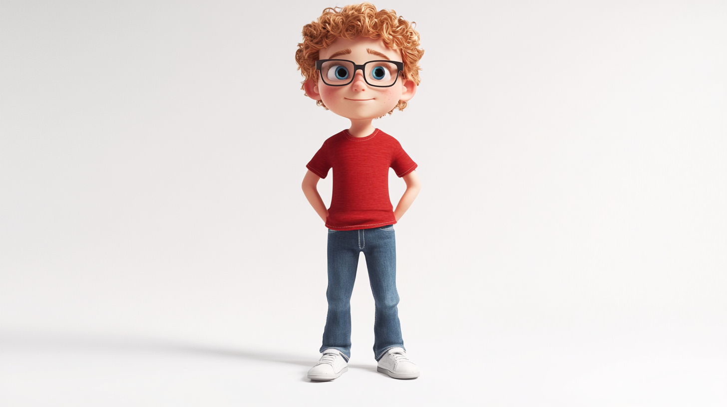 Noah, 10, with curly hair, blue eyes, confident pose, 3D render.