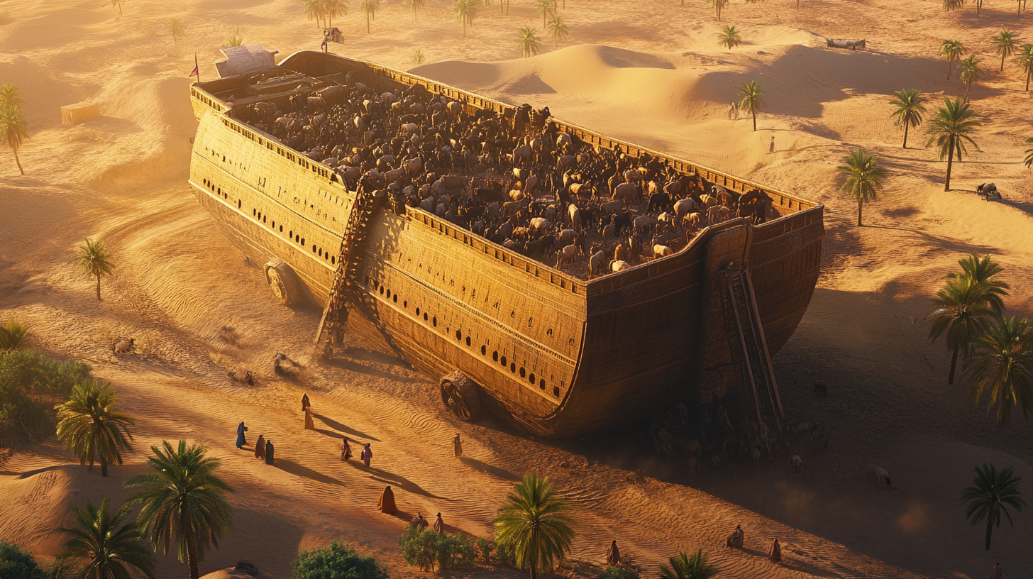 Noah, Family, Animals entering Enormous Ark in Desert