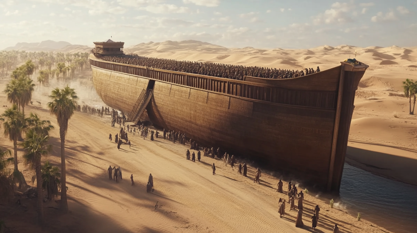 Noah and Family Entering Enormous Ark in Desert