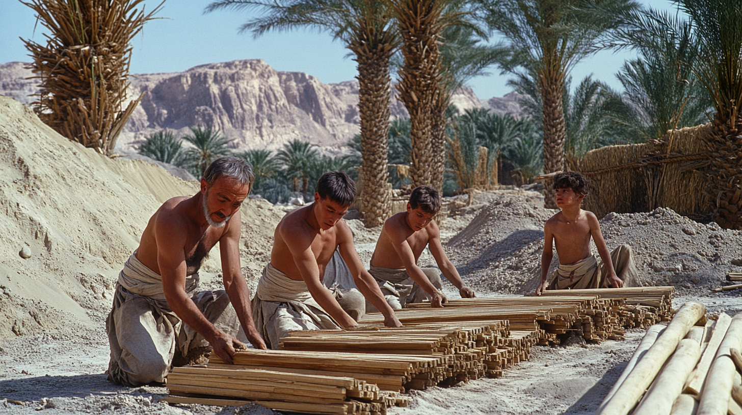 Noah and Sons Build Ark in Ancient Desert landscape