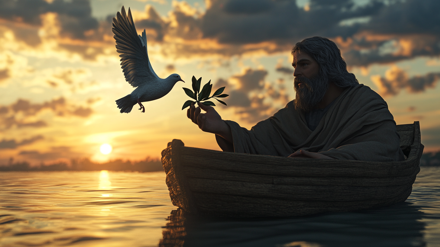 Noah holds dove on ark, dove holds olive