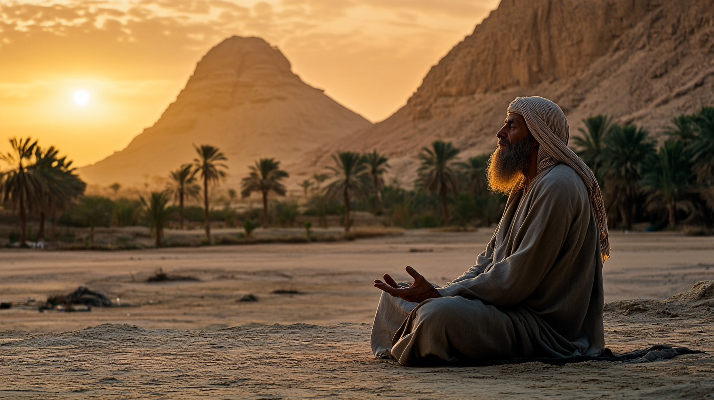 Noah meditates in desert oasis at dawn, 2000BC