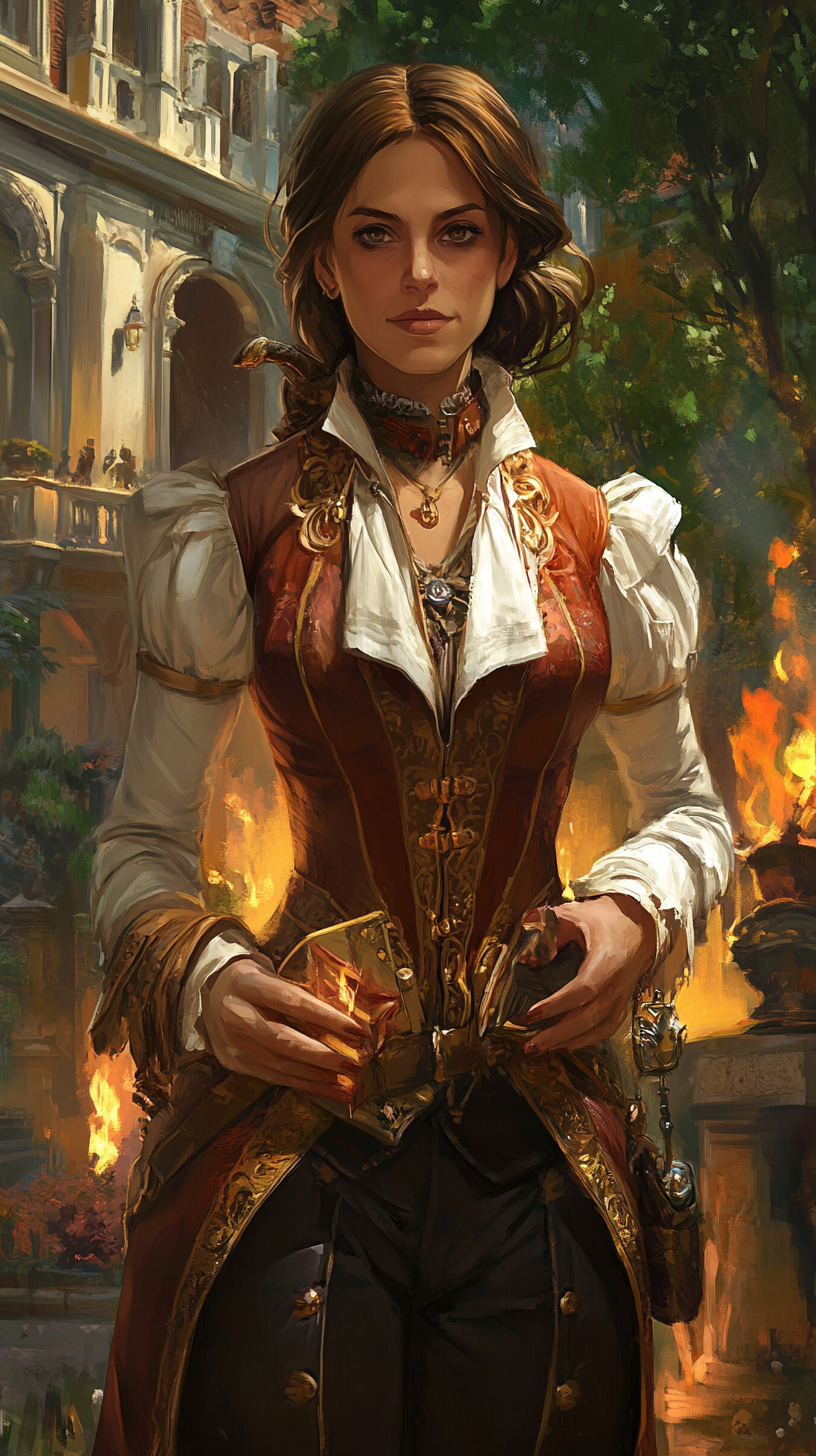 Noble human female Psyker in formal attire, fiery powers.