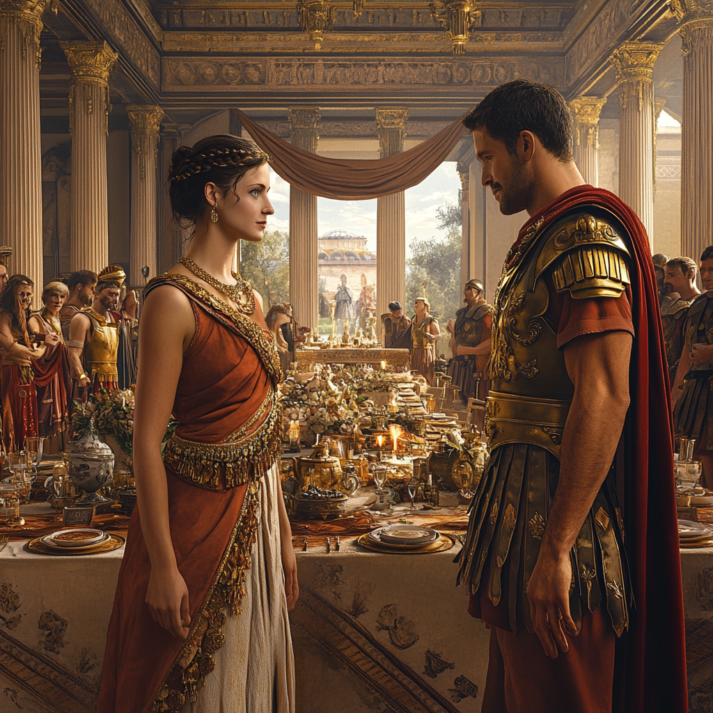 Noblewoman Livia Valeria Meets Soldier Lucius at Banquet