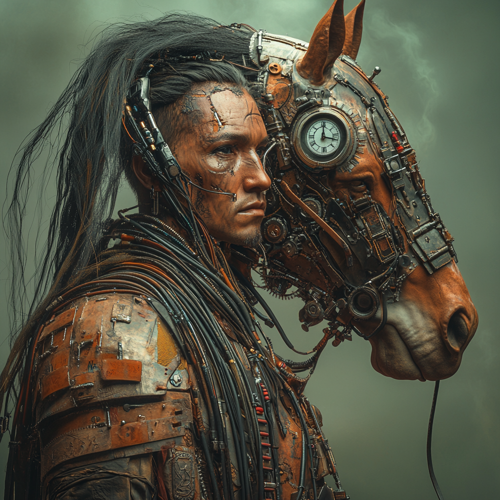 Nomad warrior with mechanical horse, clock gear patterns.