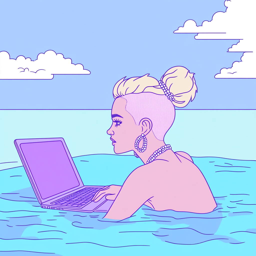 Non-binary person with blonde messy bun relaxing by pool.