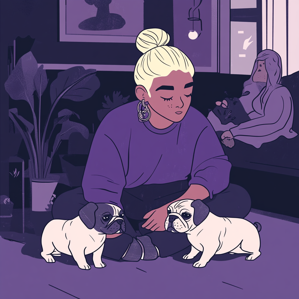 Non-binary person with pugs in cozy Airbnb setting.