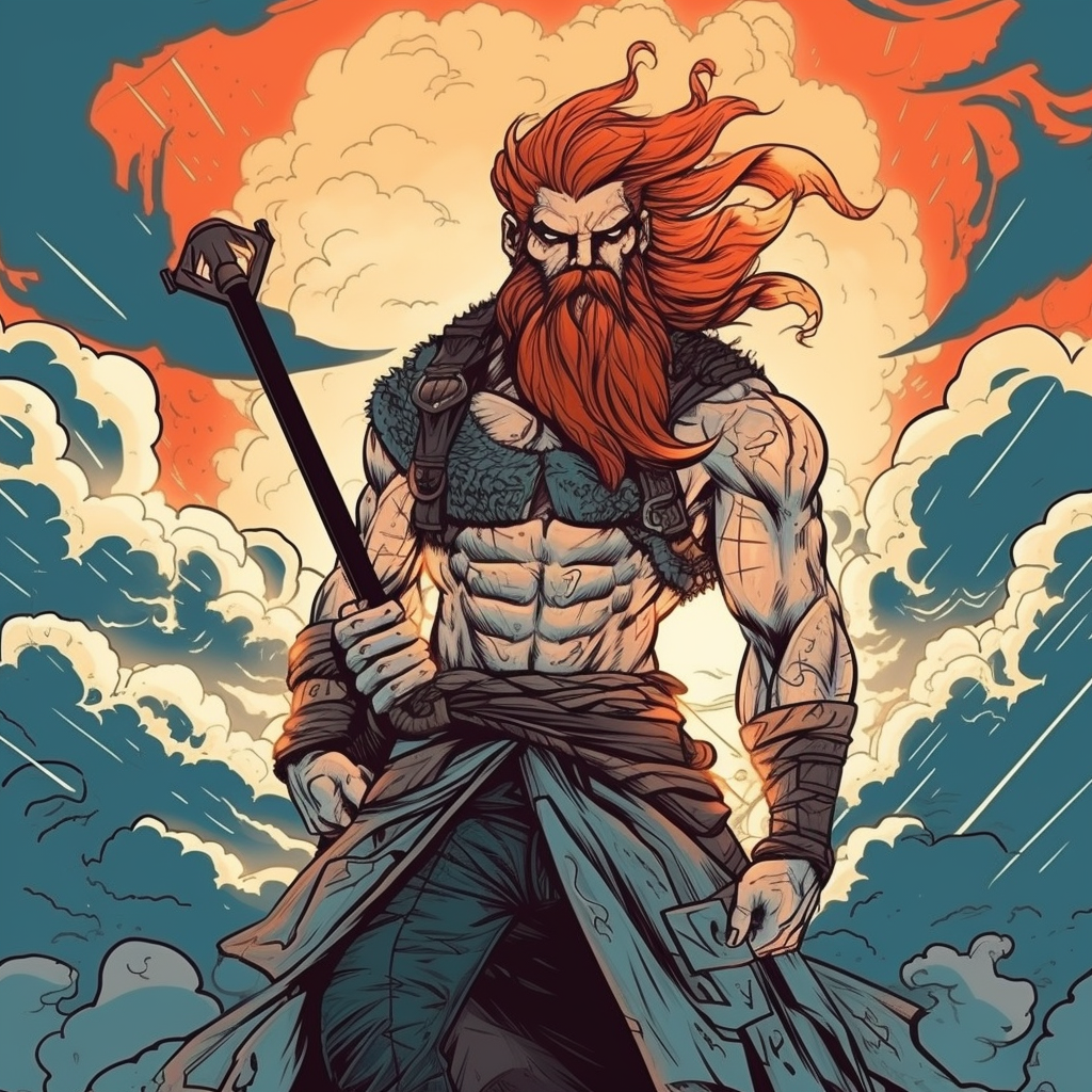 Nordic god with red hair, tattoos, lightning eyes holds battleaxe.