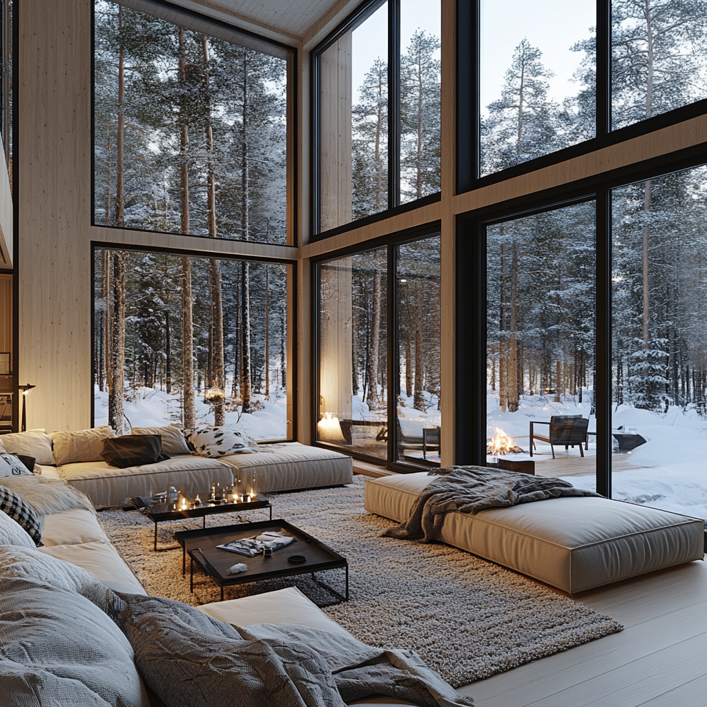 Nordic style home with wood, windows & cozy lighting.