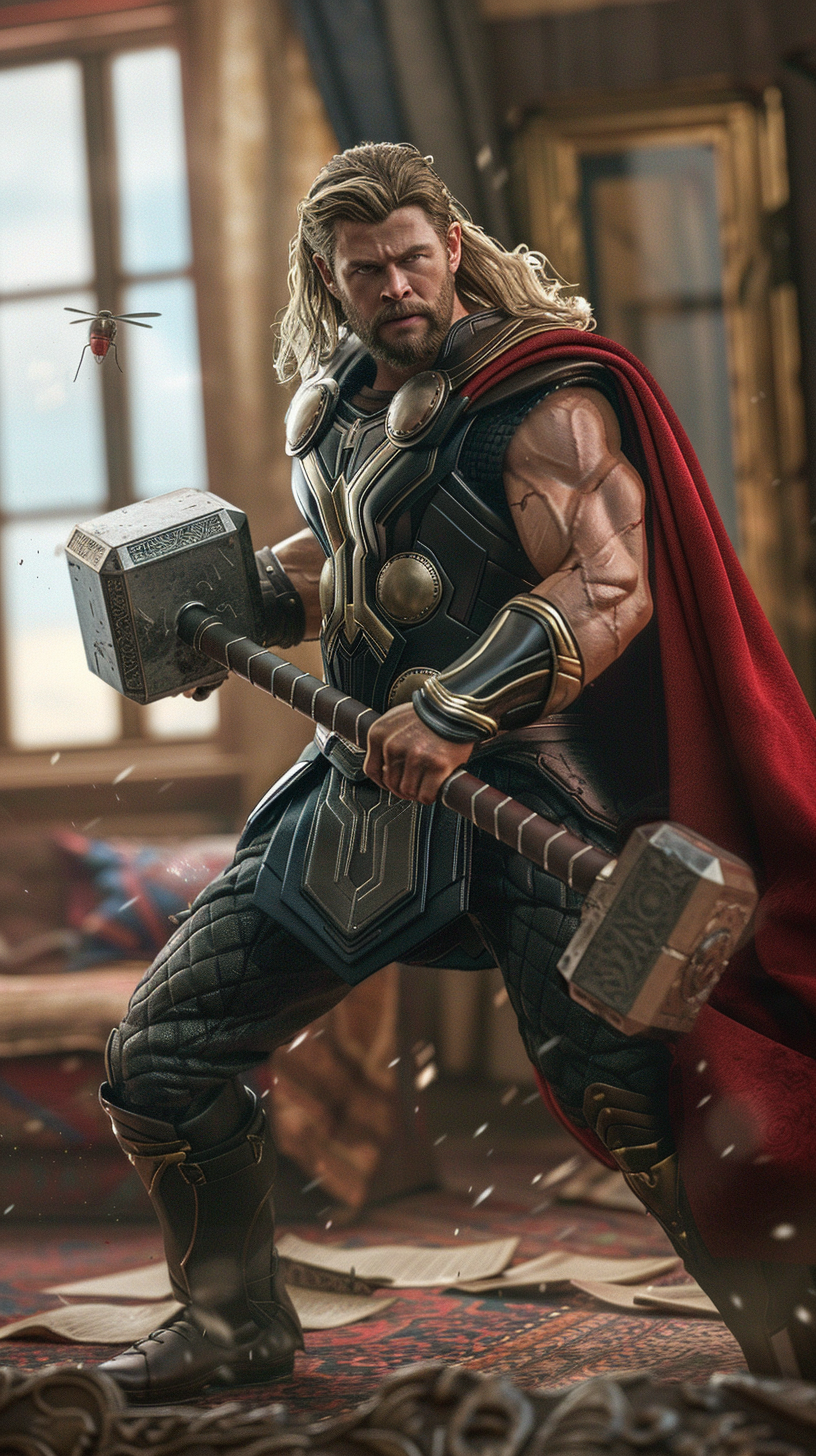 Norse God Thor Swatting Flies at Home