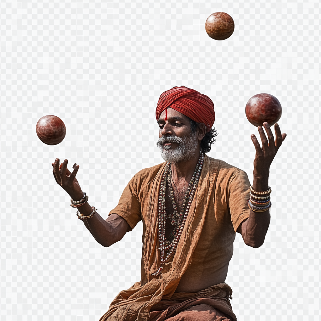 North Indian man juggling 3 sized balls on transparent background 