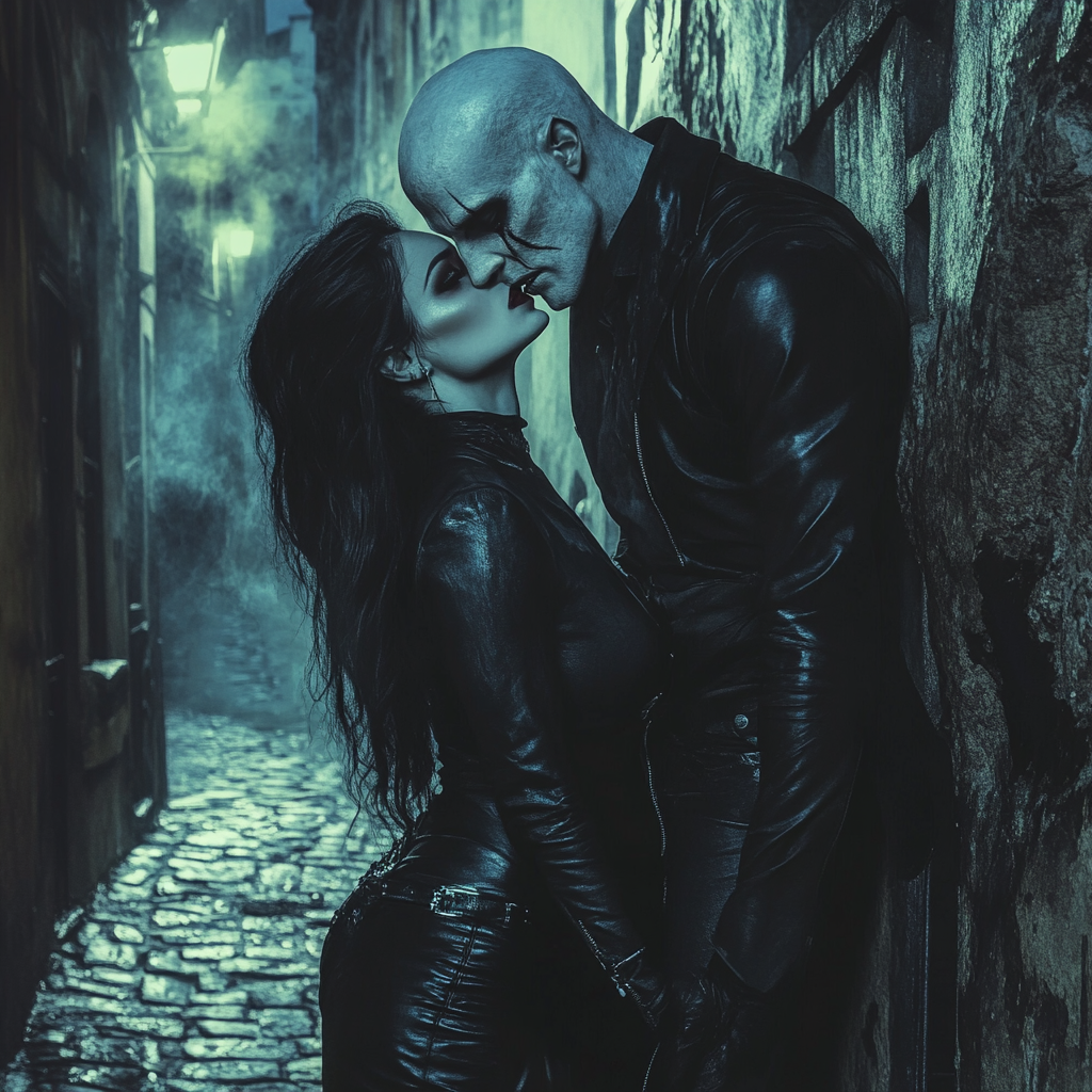 Nosferatu Vampire bites woman in dark alley.