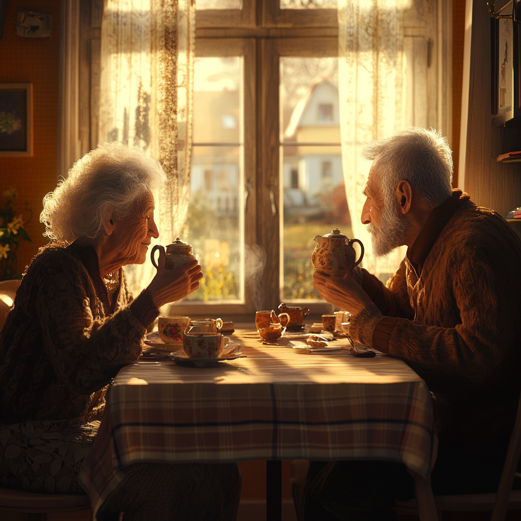 Nostalgic elderly couple sipping tea in vintage 1970s setting