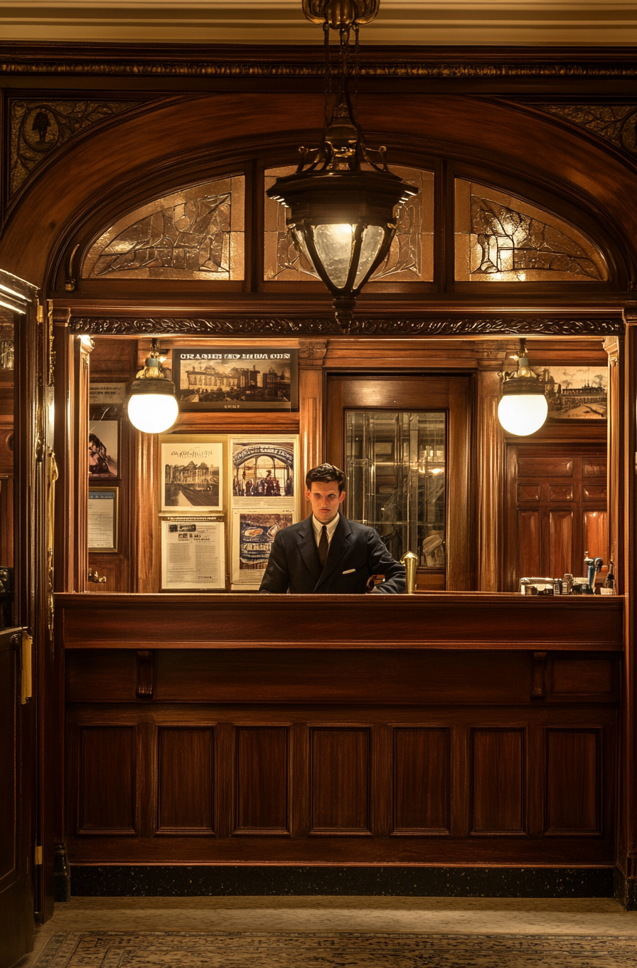 Nostalgic hotel reception with vintage European atmosphere.