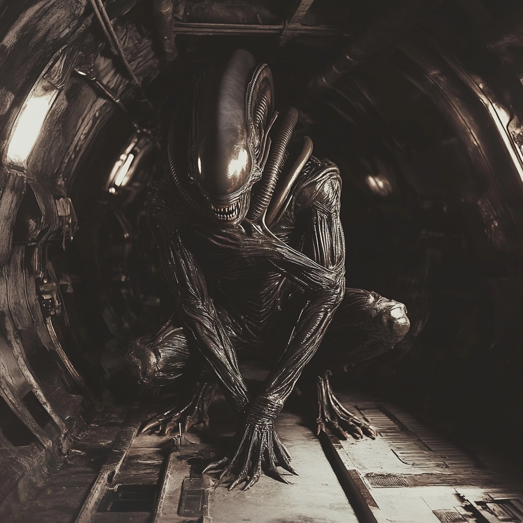 Nostromo xenomorph hiding in darkness, cinematic and realistic.