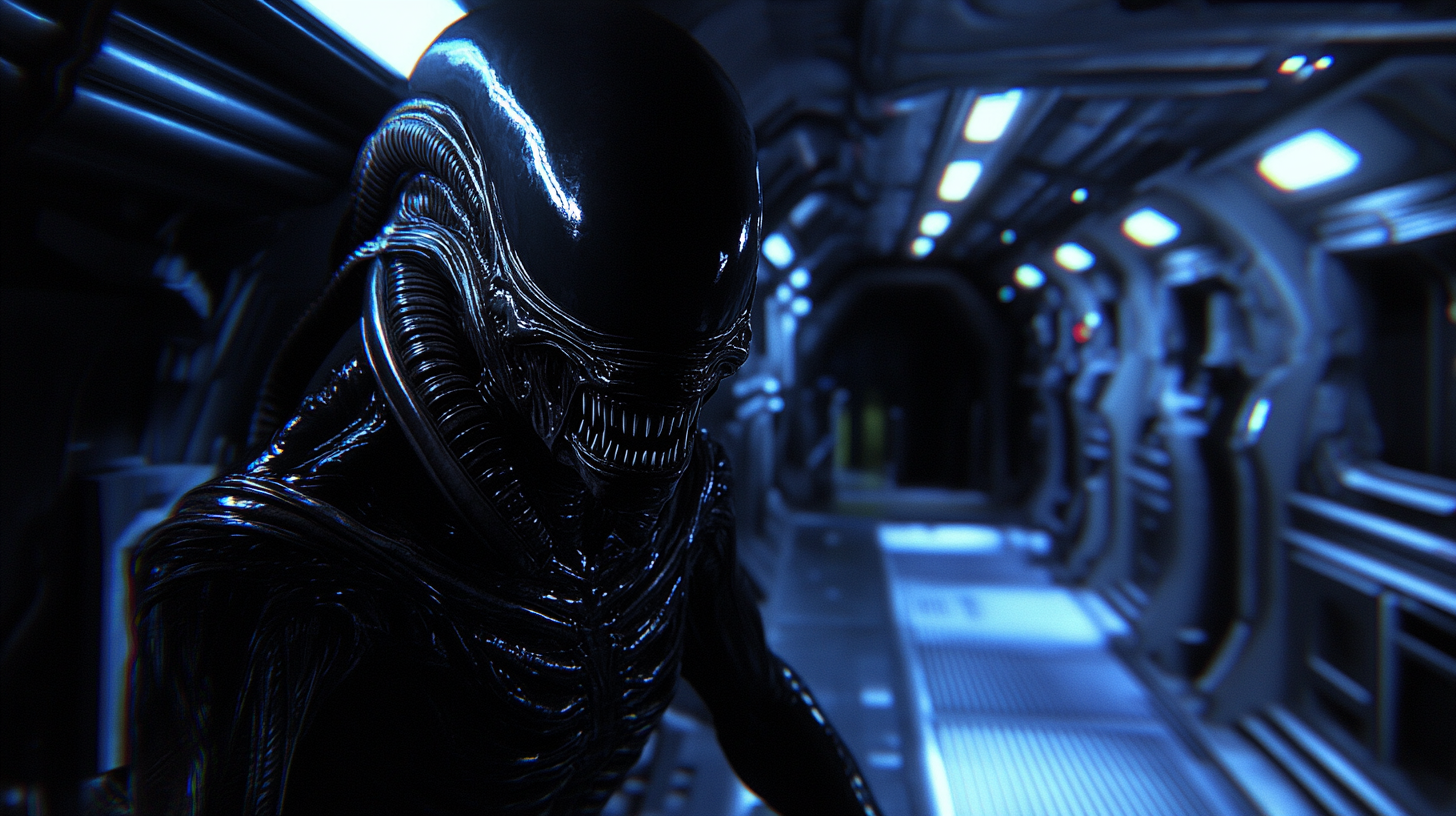 Nostromo xenomorph lurking in dark corridor of spaceship.