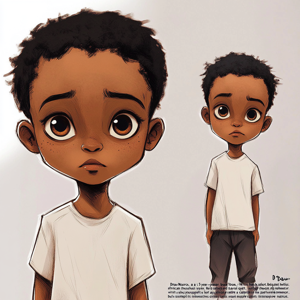 Nourou, a 5-year-old African boy, with brown skin, short black hair, and large thoughtful eyes.