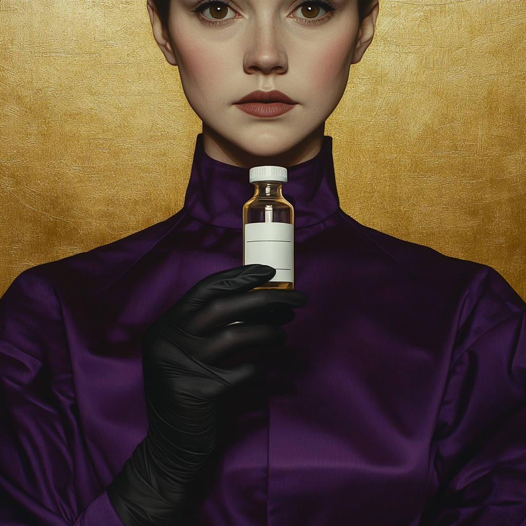 Nurse in purple scrub holding glass vial. Gold background.