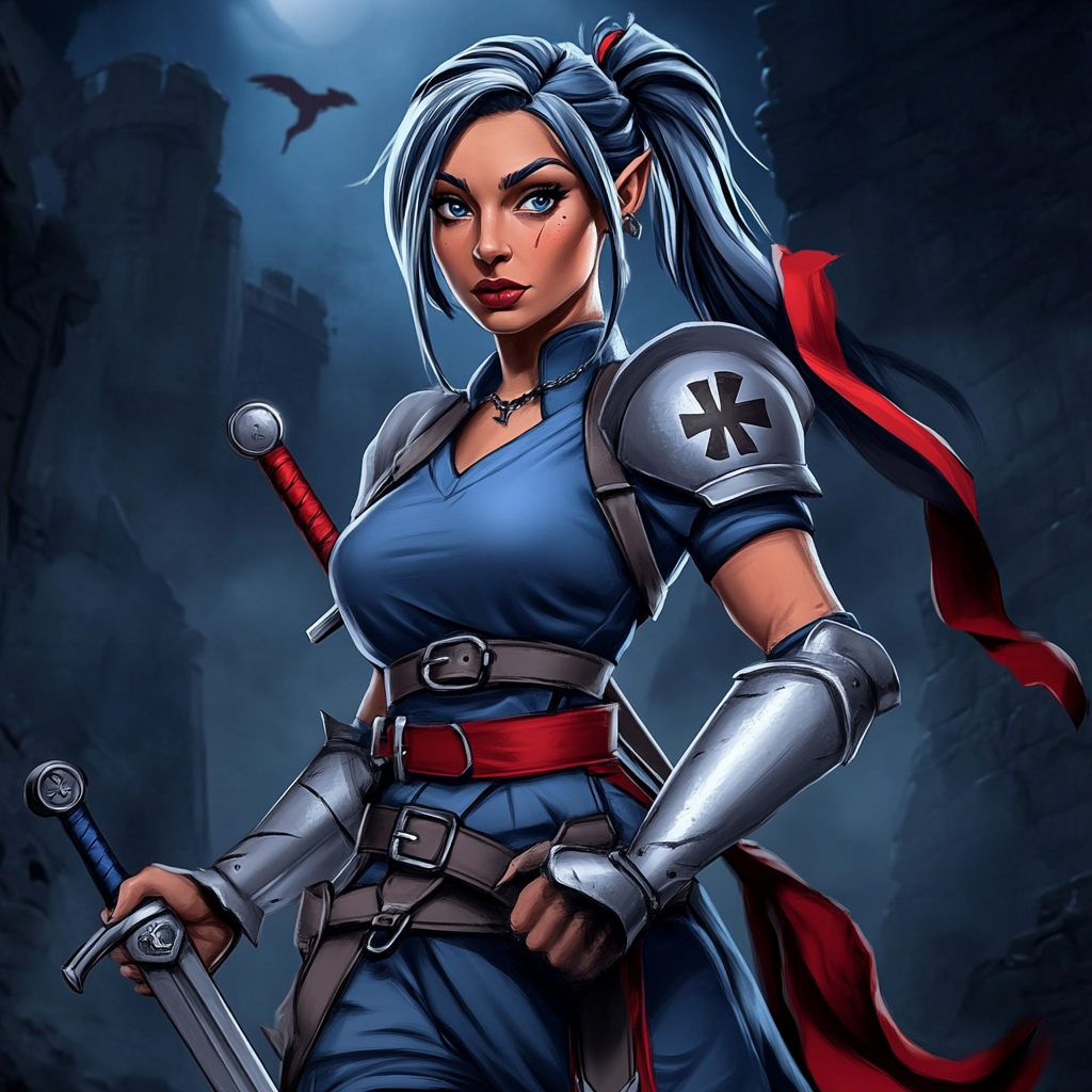 Nurse in scrubs and armor with stethoscope and sword.